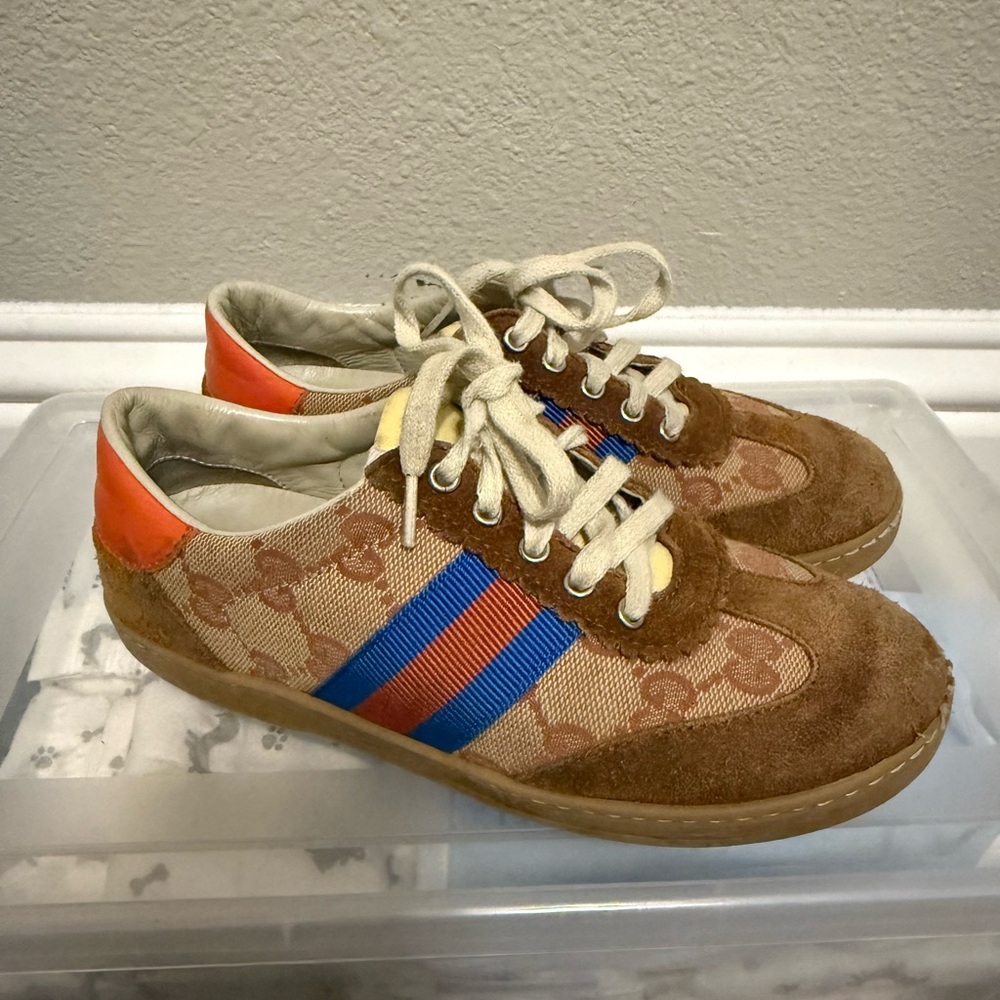 Floral Patterned Sneakers with Blue and Orange Stripes